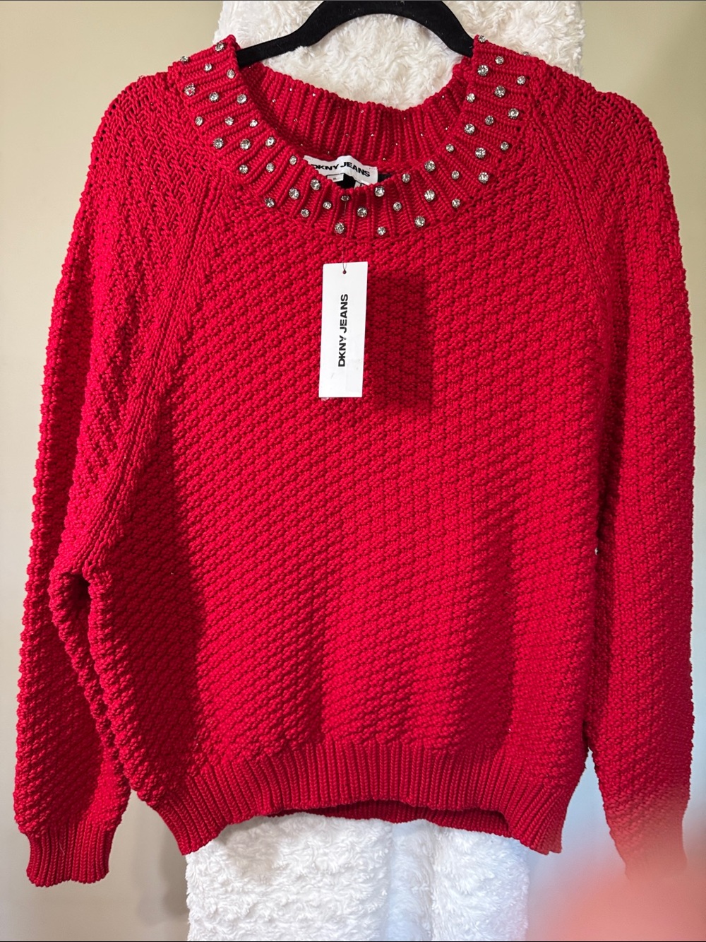 DKNY Red Crewneck Sweater with Silver Stud Trim